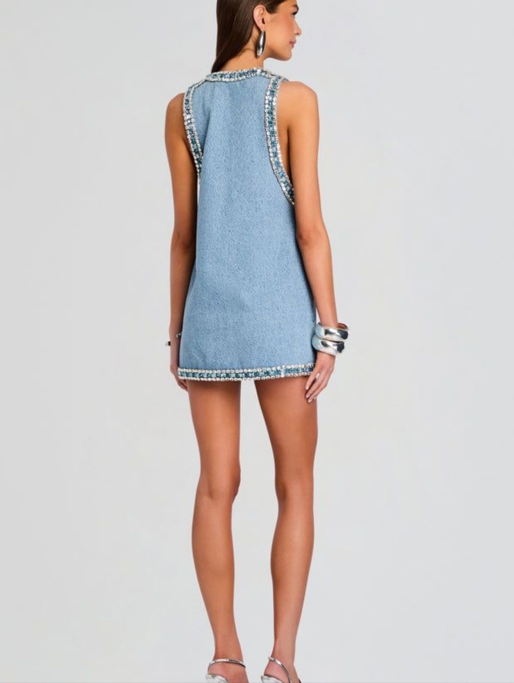 Embellished Light Blue Denim Mini Dress - Deep V - Picture 3 of 8